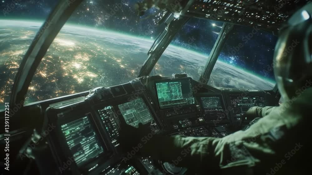 Aufkleber spaceship cockpit interior with astronaut piloting and navigating controls, illuminated by the glow 