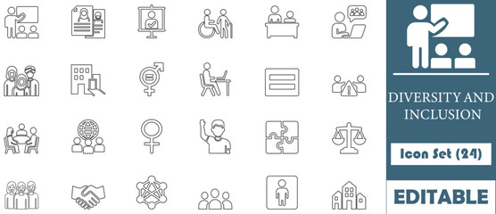 This 'Diversity and Inclusion' icon set highlights human values, gender equality, and social integration, making it ideal for projects emphasizing human rights and social equity.
