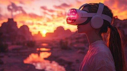 Fototapeta premium Woman wearing VR headset enjoying sunset landscape.