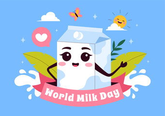 World Milk Day Vector Illustration with Milk Bottle and Cute Cow Celebrating Dairy on June 1 in flat Style Cartoon Background