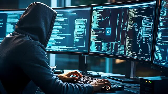 Hacker in Hoodie Typing Code on Multiple Computer Screens in Dark Environment

