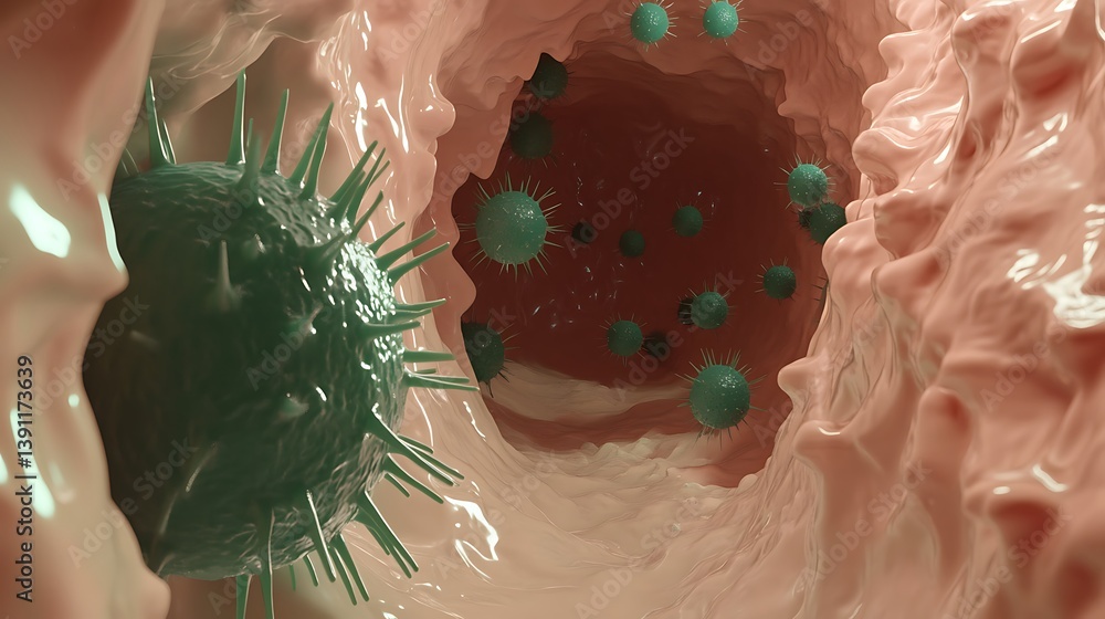 Poster microscopic view of pathogens within a biological pathway. pathogens within the gut lining, illustra