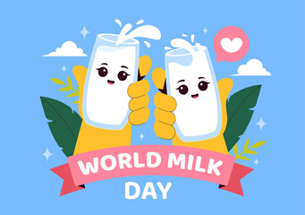 World Milk Day Vector Illustration with Milk Bottle and Cute Cow Celebrating Dairy on June 1 in flat Style Cartoon Background