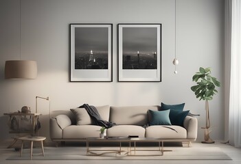 vertical living room frame mockup beige poster template realistic contemporary wooden scandinavian wall decorative natural furniture apartment home modern ai interior table pastel retro mock