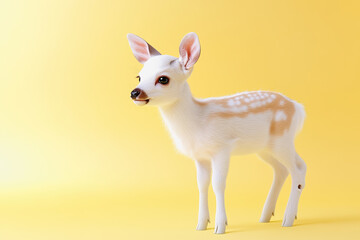 Endearing 3d illustration of a small albino deer standing gracefully against a bright yellow background