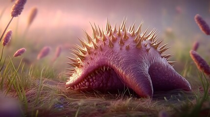 Spiky, pinkish starfish creature rests in field at sunrise
