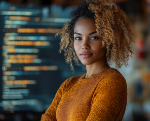 Portrait of black woman stands with a digital information screen behind her.
