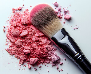 Close up of crushed blush on white background and cosmetic brush.