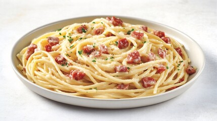 Clean plate of spaghetti carbonara displayed on a white surface with toppings visible