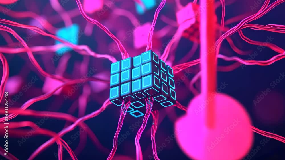 Poster abstract cube with vibrant neural connections