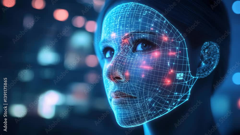 Poster digital representation of woman face with glowing blue wireframe overlay symbolizing facial recognit
