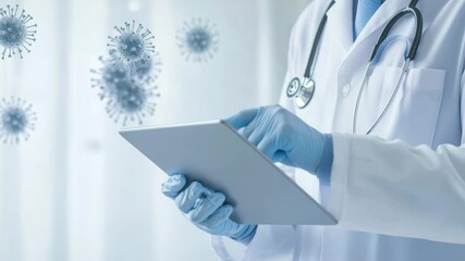 Doctor Wearing Gloves and Stethoscope Uses Tablet, Highlighting Healthcare Technology and Virus Research with Digital Medical Solutions Amidst Virus Illustrations