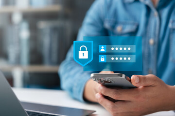 Smartphone user with padlock icon encryption security code protects company data and personal information from cybercrime, cyber network security and internet data protection, prevents hacker attacks.