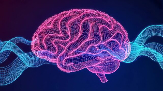 wireframe Neon brain with wave patterns, abstract concept