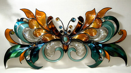 Colorful metallic art piece depicting a stylized butterfly design