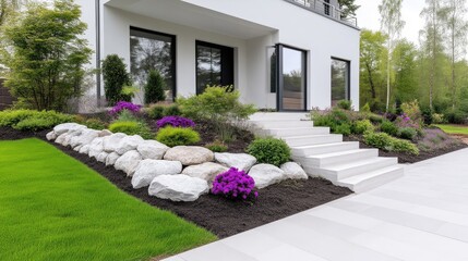 Obraz premium Modern house entrance with stylish landscaping featuring large rocks, vibrant flowers, and lush green lawn, and contemporary architecture and serene outdoor setting.