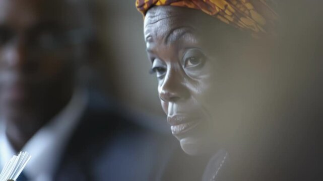 A medium closeup of a diplomat taking notes intently while listening to a colleague speak. The expression on their face exhibits a range of emotions from concern to determination highlighting