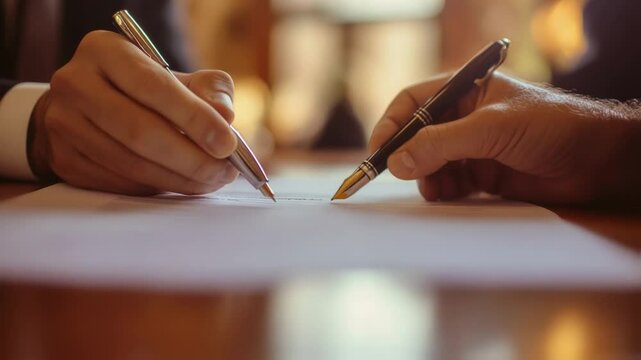 Two politicians engaged in signing an important document, likely an international treaty or agreement, with elegant fountain pens, highlighting the essence of diplomacy and cooperation