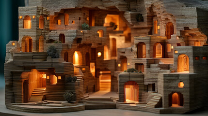 Handcrafted Wooden Architectural Model with Intricate Lighting and Modern Design - Creative and Natural Interior Decor