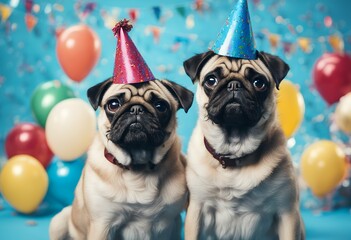 dogs illustration balloons confetti blue background birthday pug front party pair hats looking funny 2 cute animal cheerful celebration hat small fun pet portrait happy generative head domestic dog
