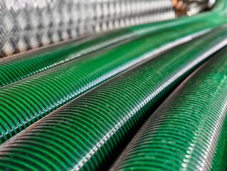Vibrant green pipes arranged in a neat row reflecting industrial elegance and meticulous...
