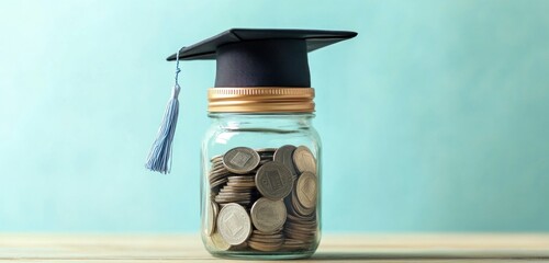 Graduation savings jar, coins, light teal background