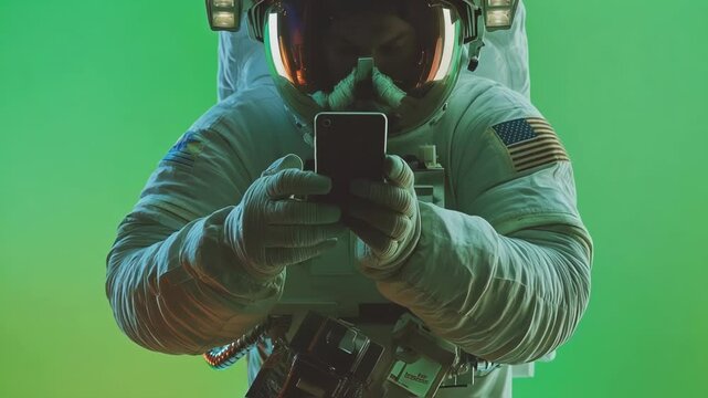Astronaut wearing a spacesuit with an american flag patch uses a smartphone against a vibrant green screen background, ideal for chroma keying and compositing