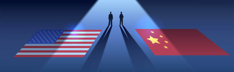 Trade war USA China flags confrontation silhouettes spotlight dark background