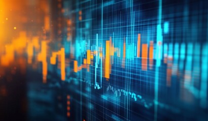 Dynamic financial data visualization.  Fluctuating market trends displayed on a technological interface