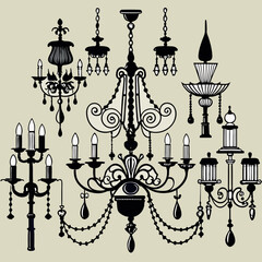 an assortment of ornate chandeliers