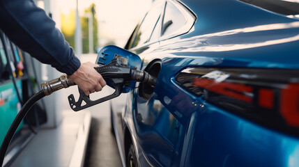 A person fueling a blue car at a gas station with a fuel nozzle in the car's fuel tank filling it up