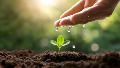 A close-up of a human hand delicately dropping water onto a small green sprout emerging.