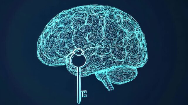 Digital wireframe brain illustration with key symbol