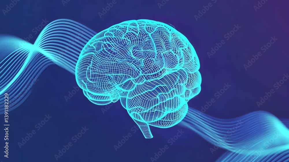 Poster digital wireframe brain with glowing lines background