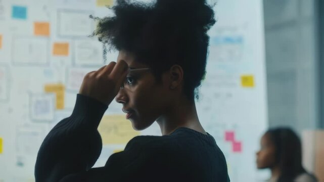 Young black female politician developing an innovative political strategy using colorful sticky notes on a whiteboard during an important meeting with her team