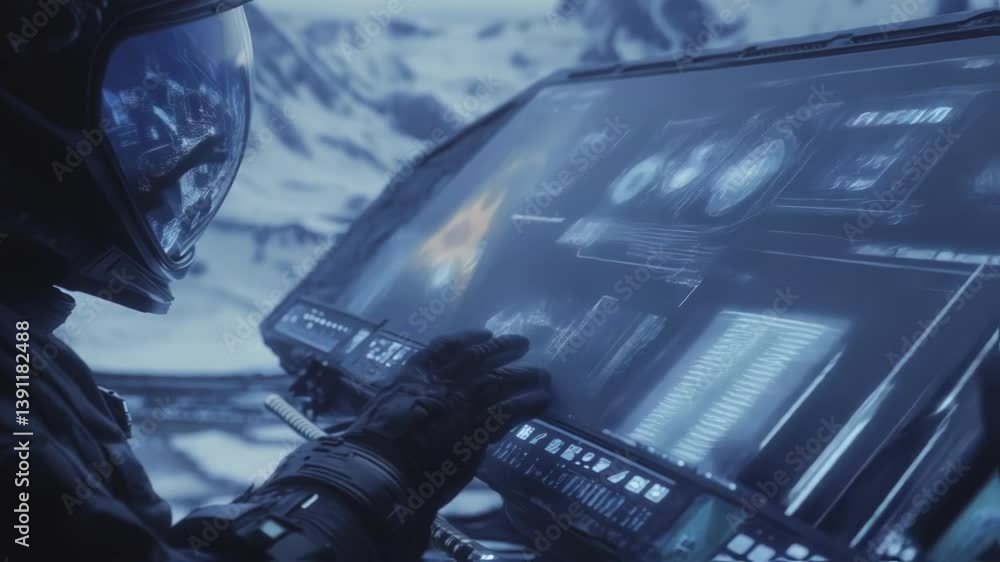Poster astronaut wearing a spacesuit and helmet operates a futuristic touchscreen interface on a snowy alie