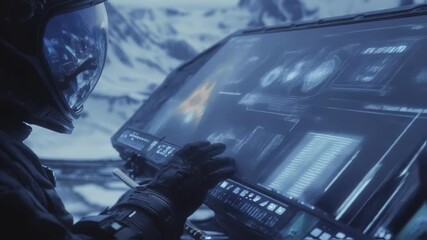 Astronaut wearing a spacesuit and helmet operates a futuristic touchscreen interface on a snowy alien planet, analyzing data and interacting with holographic projections - Powered by Adobe
