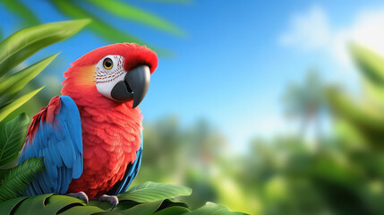 Fototapeta premium Vibrant 3d illustration of a colorful parrot perched gracefully on a branch in a lush jungle setting