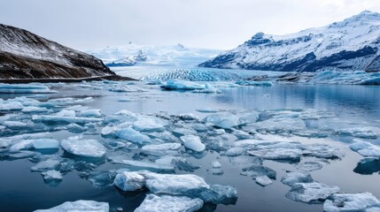 Obraz premium Glacial Lagoon with Ice Floes and Mountains