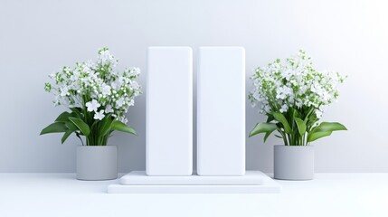 Fototapeta premium Minimalist white podiums with flowers