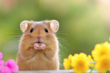 Cute 3d illustration of a hamster snuggled up in a cozy meadow surrounded by lush green grass