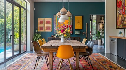 Rustic wooden dining table with colorful chairs and rug in a modern home with artwork and pool view.