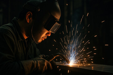 火花を散らして鉄板を溶接する男性