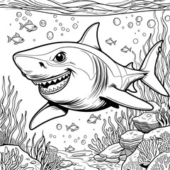 This bold and detailed black-and-white shark illustration is perfect for coloring activities! The friendly yet fierce shark is swimming confidently through the ocean, surrounded by small fish.