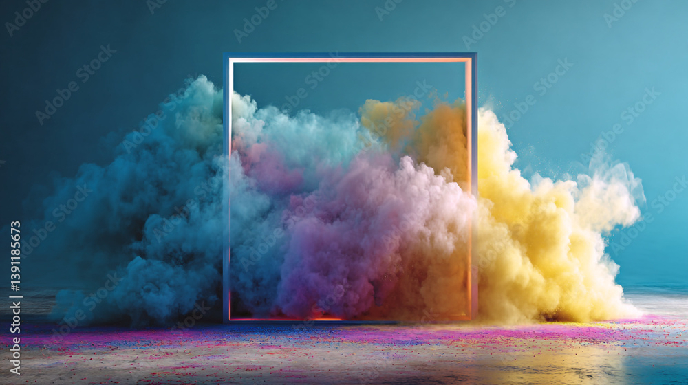 Poster colorful smoke cloud inside a square frame against a teal background in a studio setting