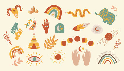 Abstract boho nature art shapes collection. Pastel color doodle bundle for fashion design, summer season or natural concept. 