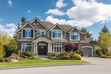 Obraz premium Large suburban house with stone facade front lawn and manicured landscaping