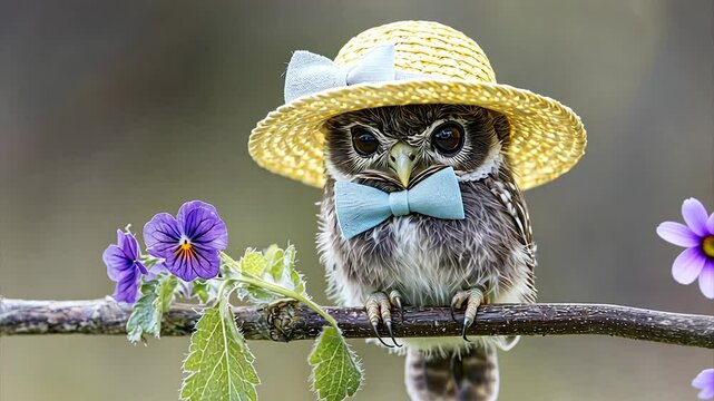 Adorable owlet perched on branch, wearing straw hat and bow tie, near purple flowers