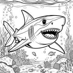This bold and detailed black-and-white shark illustration is perfect for coloring activities! The friendly yet fierce shark is swimming confidently through the ocean, surrounded by small fish.