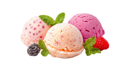 Delicious ice cream scoops dessert table cutout background bright colors close-up sweet treats